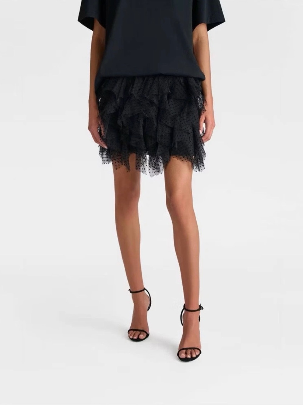 Kbb By Kahlana Black Polka Dot Tulle Ruffle Pull On Mini Skirt Elastic Waist Xl